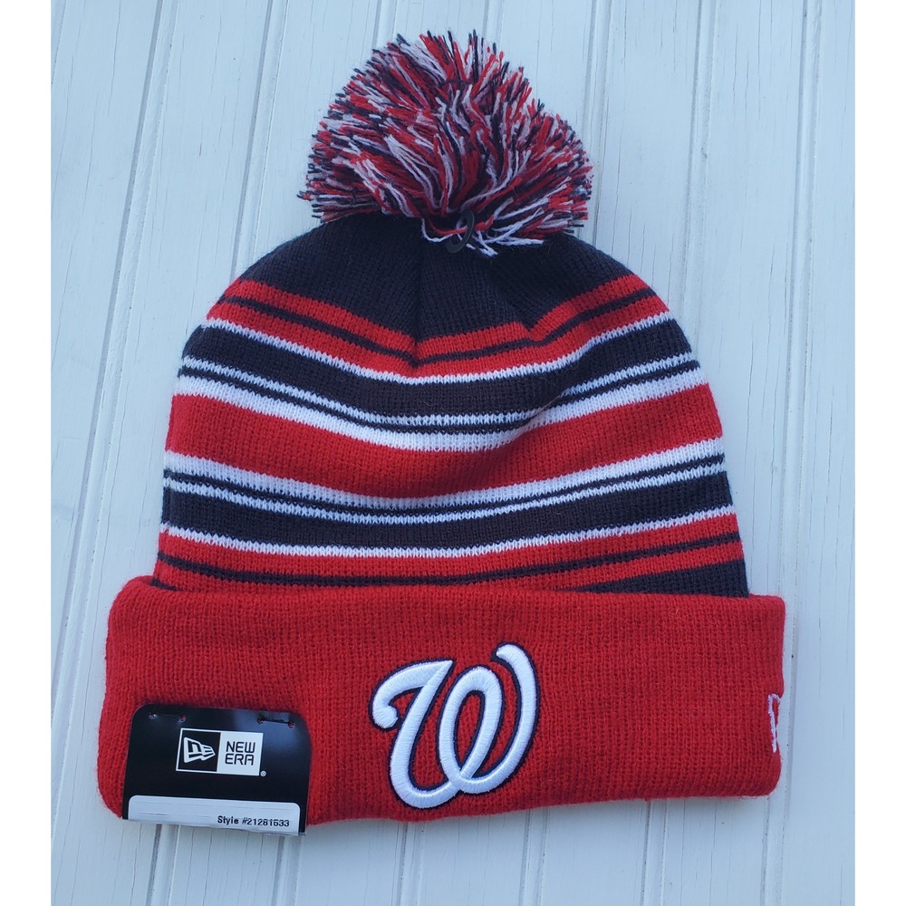 New Era Washington Nationals‎ MLB Striped Pom Beanie Hat Red Navy 21281533 NEW